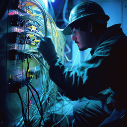 Workers installing fiber optic cables